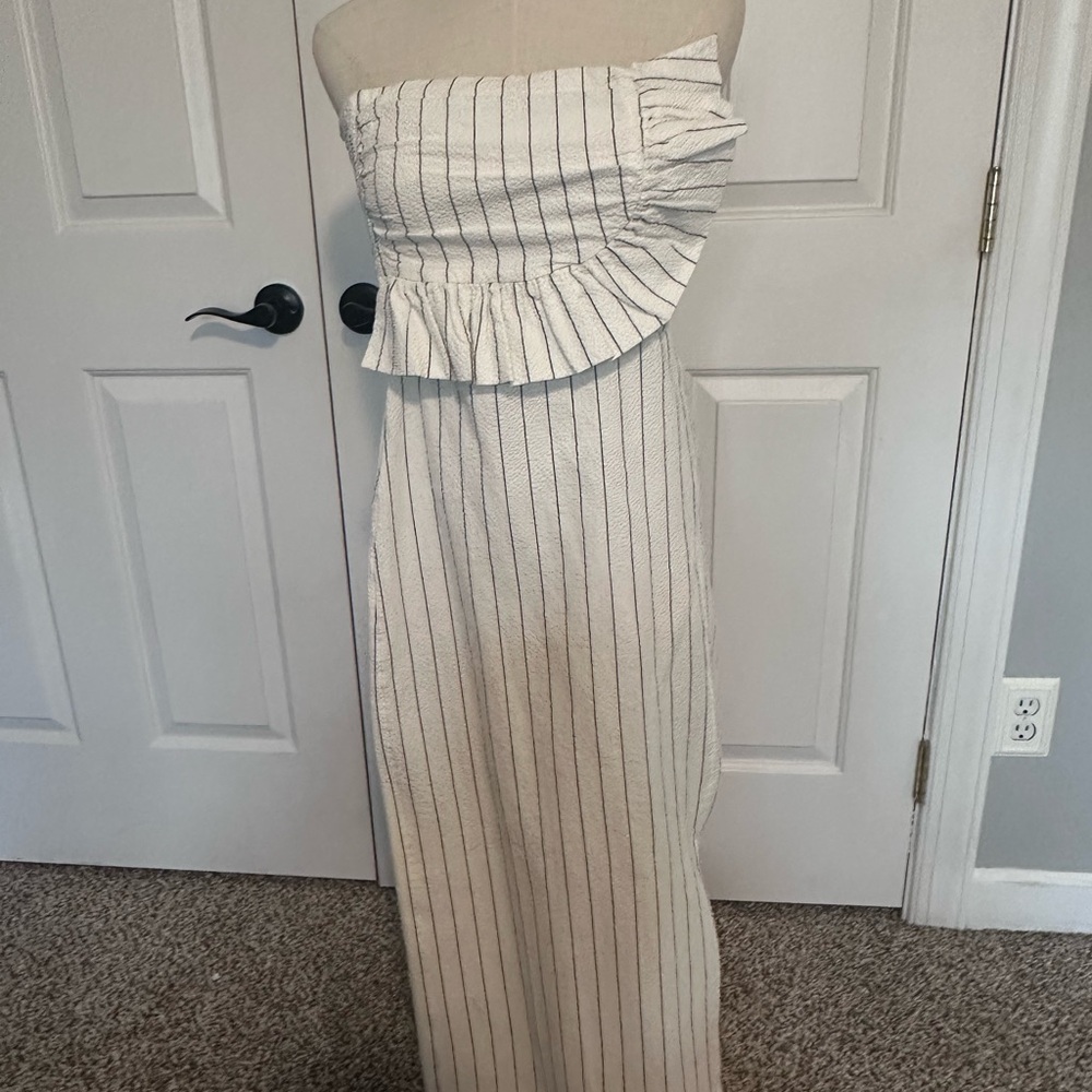 Vineyard Vines Cream and Black Striped Strapless Ruffle Maxi Dress